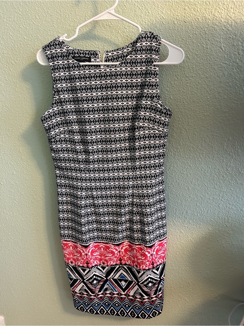 Mario Serrani Black & White Patterned Midi Dress with Coral Accent.Size 4
